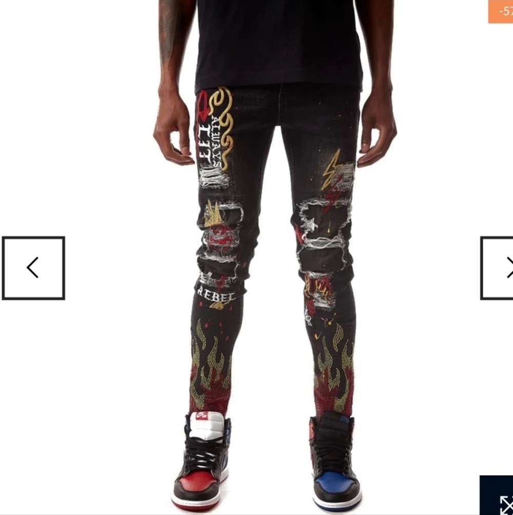 R3bel lightning bolts and flames print skinny fit jean pants size 42W 32L